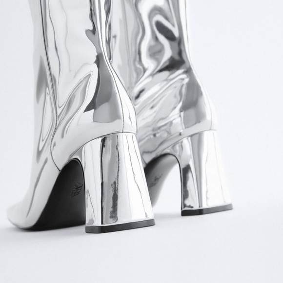 NEW Zara Metallic Heeled Leather Boots - Picture 5 of 10